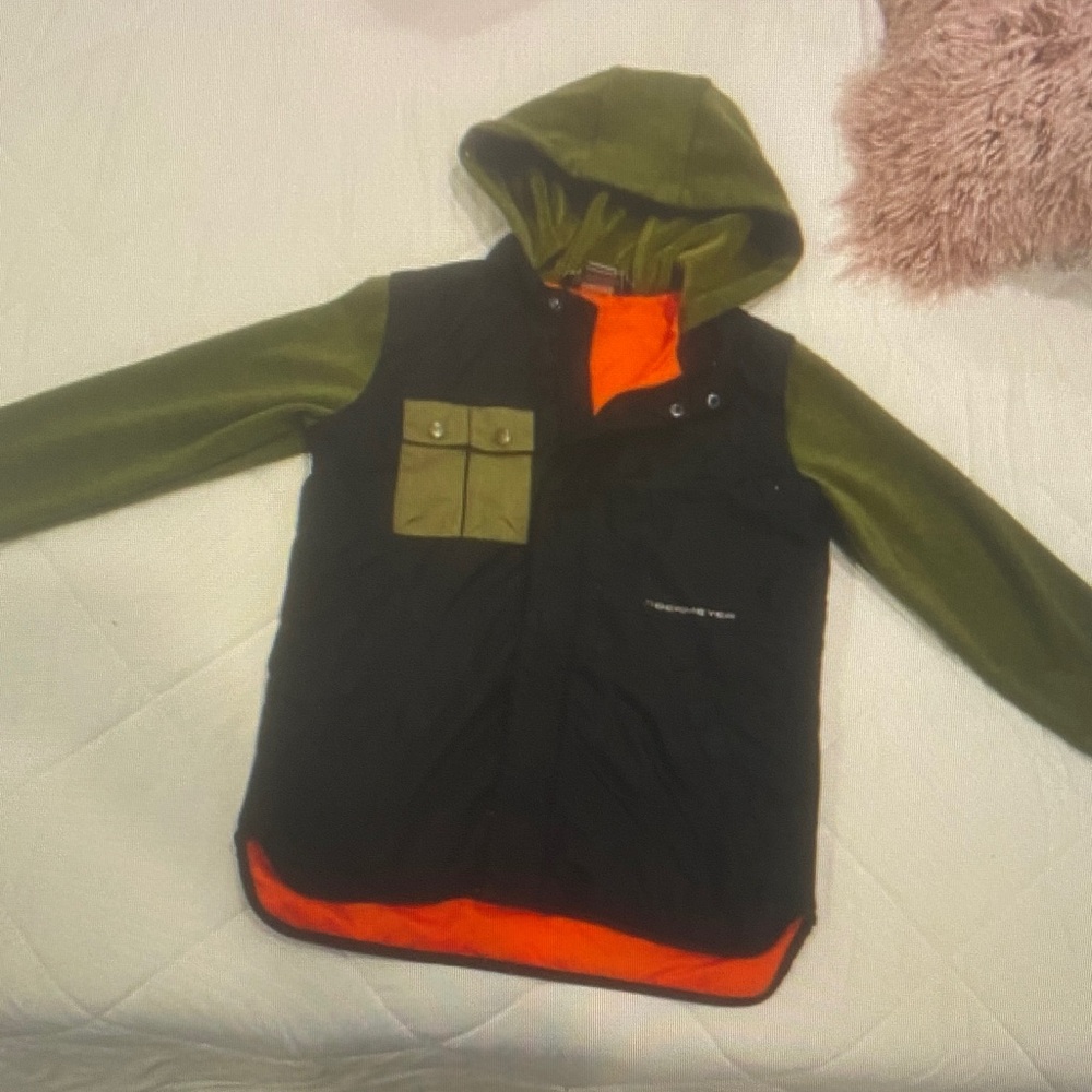 Green and Black Hooded Jacket with Orange Lining